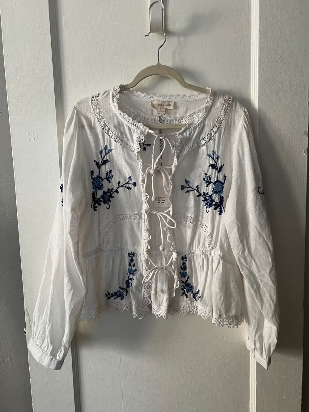 White Embroidered Tie-Front Peasant Blouse with Blue Floral Detail